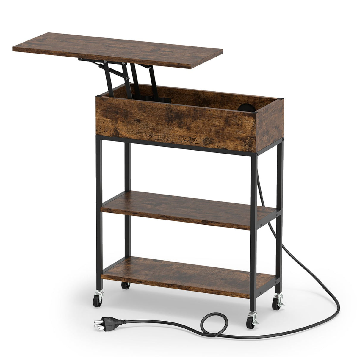 Lift Top End Table with Charging Station and Universal Wheels-Rustic Brown-End & Side Tables-DECOROLALA