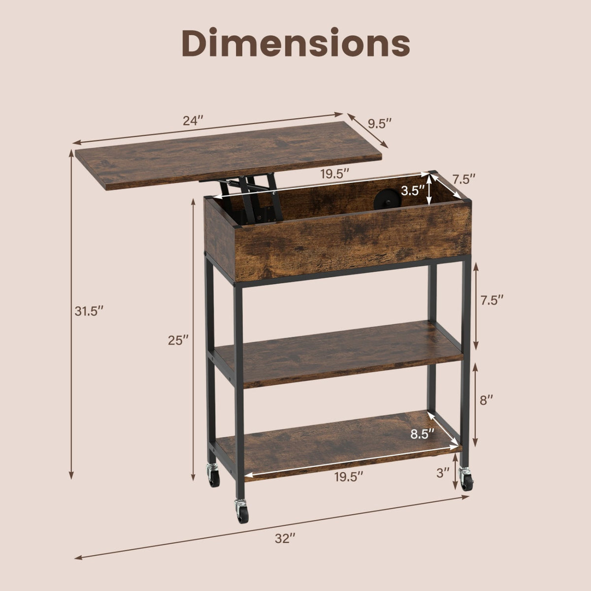 Lift Top End Table with Charging Station and Universal Wheels-Rustic Brown-End & Side Tables-DECOROLALA