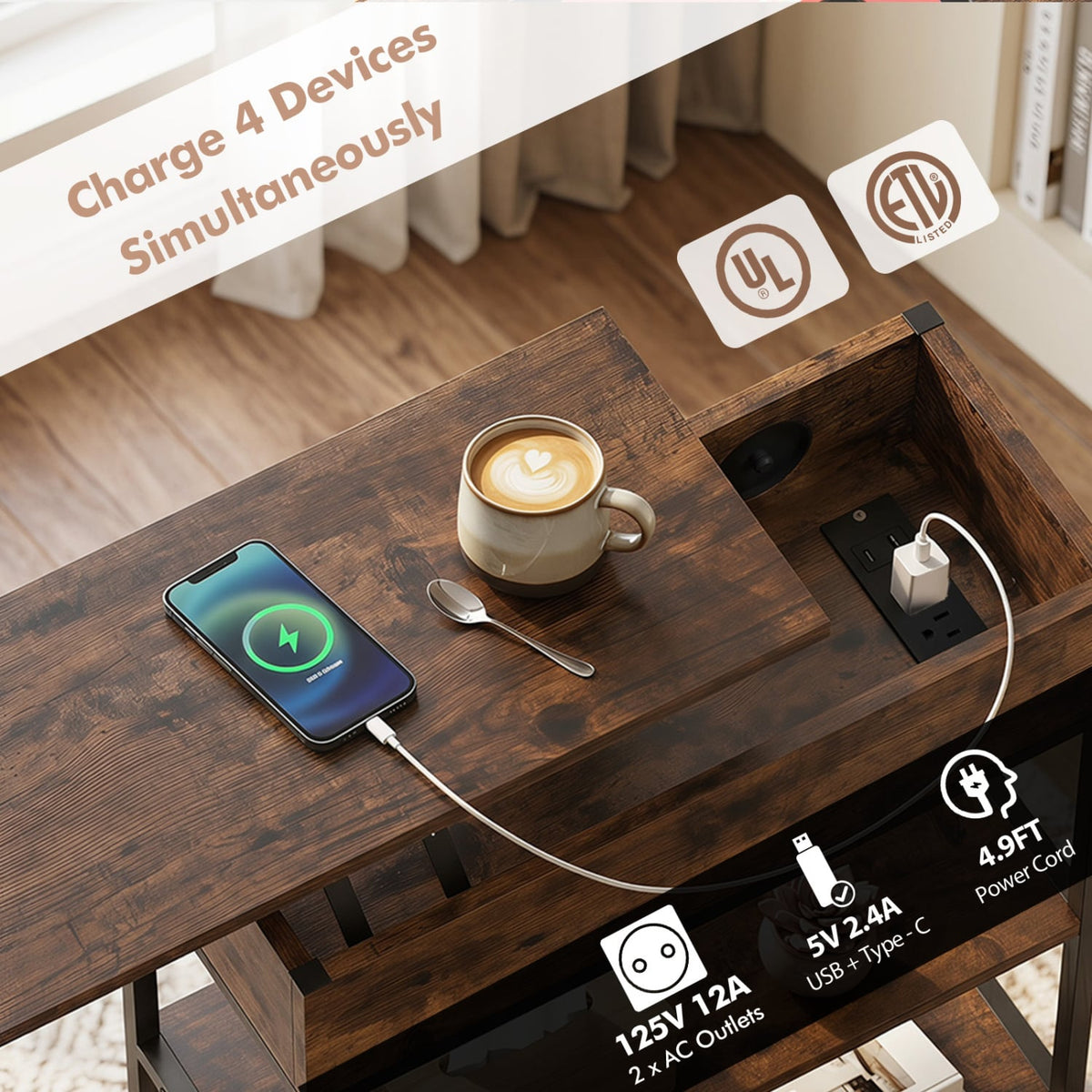 Lift Top End Table with Charging Station and Universal Wheels-Rustic Brown-End & Side Tables-DECOROLALA