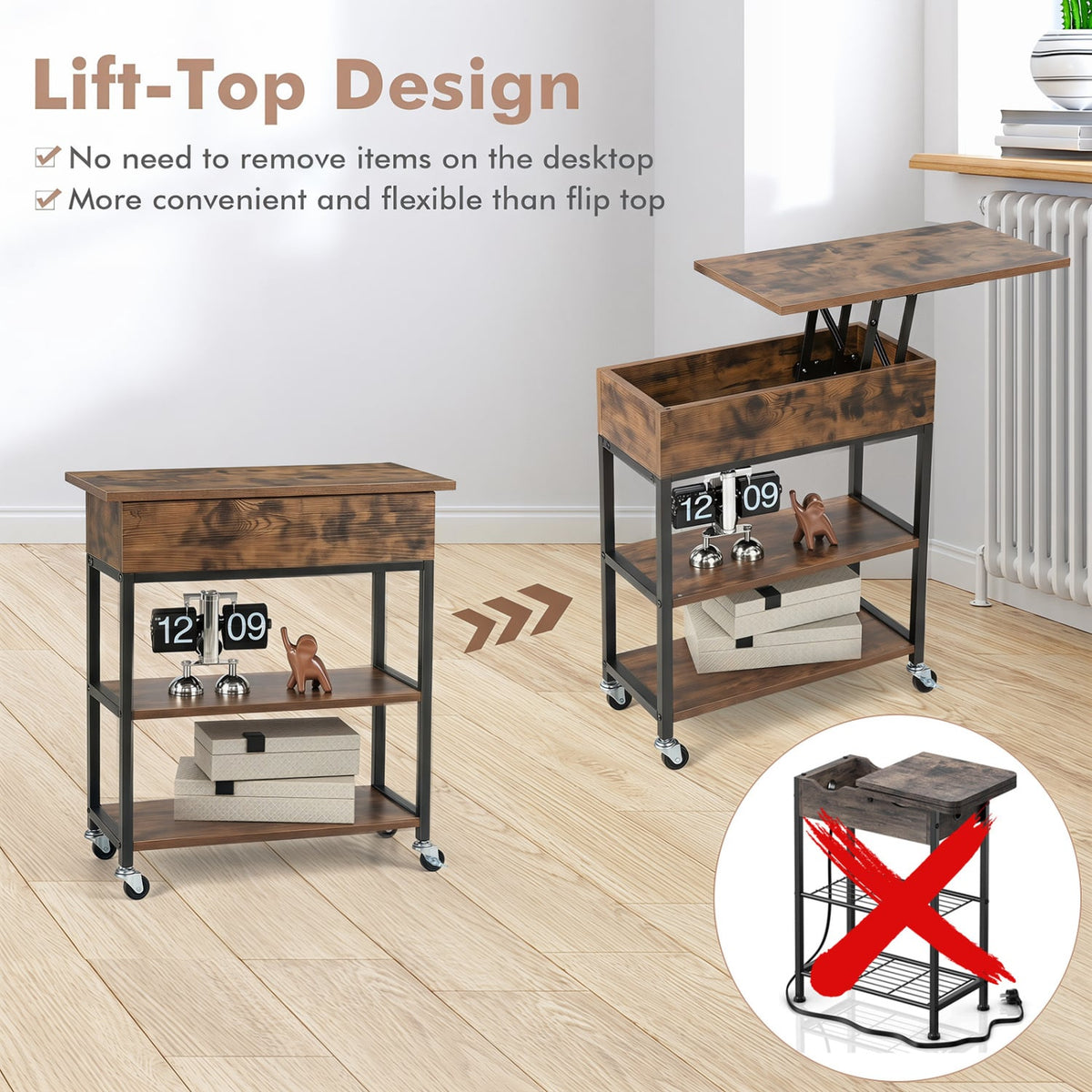 Lift Top End Table with Charging Station and Universal Wheels-Rustic Brown-End & Side Tables-DECOROLALA