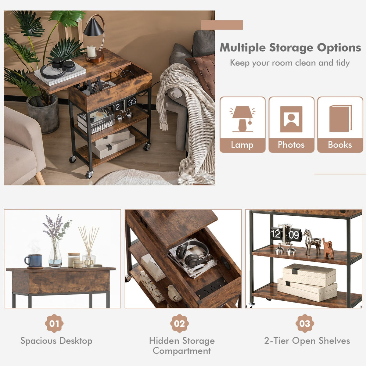 Lift Top End Table with Charging Station and Universal Wheels-Rustic Brown-End & Side Tables-DECOROLALA