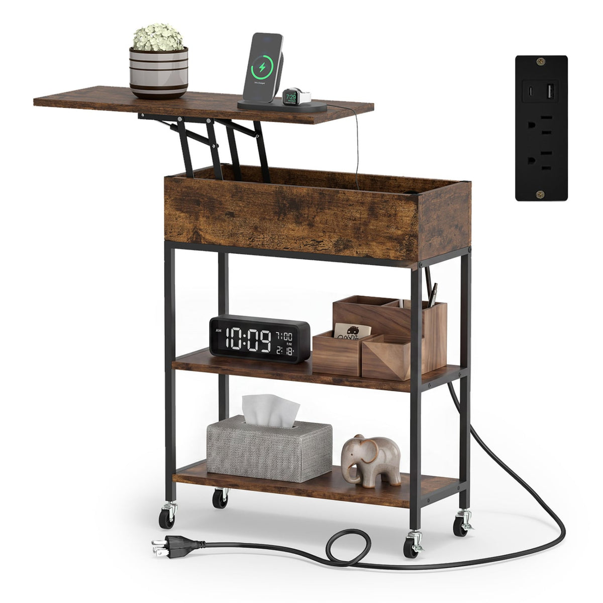 Lift Top End Table with Charging Station and Universal Wheels-Rustic Brown-End & Side Tables-DECOROLALA