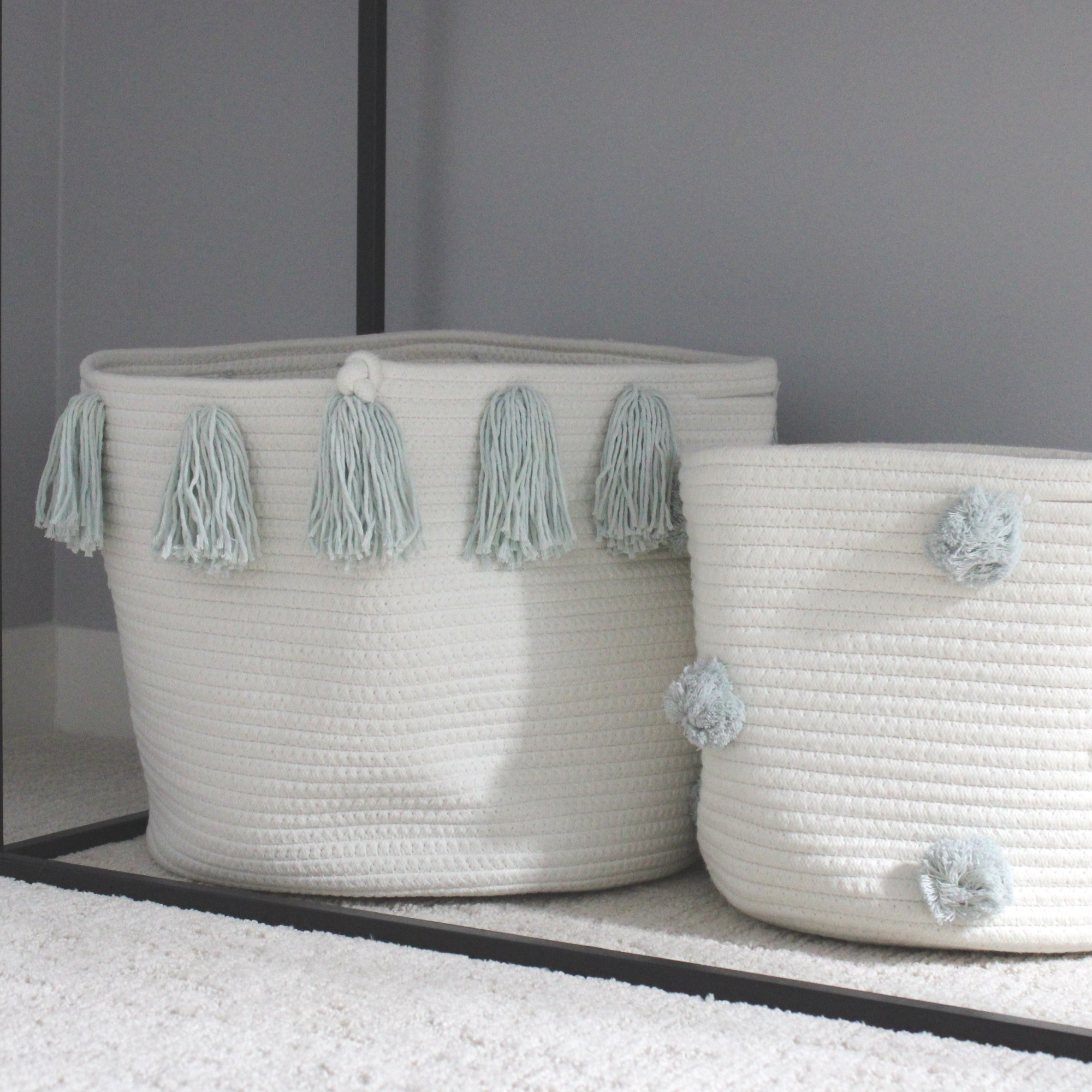 Light Blue Pom Basket - Medium-Basket-DECOROLALA