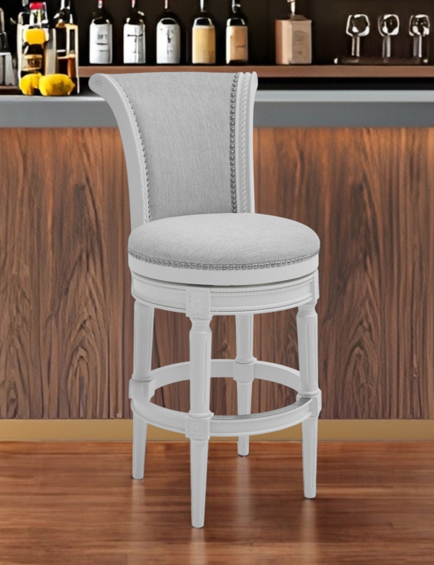 Light Gray and White Solid Wood Swivel Bar Chair-Bar Chairs-DECOROLALA