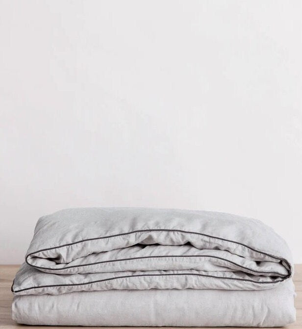 Light Grey with Black Piping - 100% Pure Linen or Linen Cotton | 3 Piece Piped Duvet Cover Set | Handmade | Pre-washed-n/a-DECOROLALA