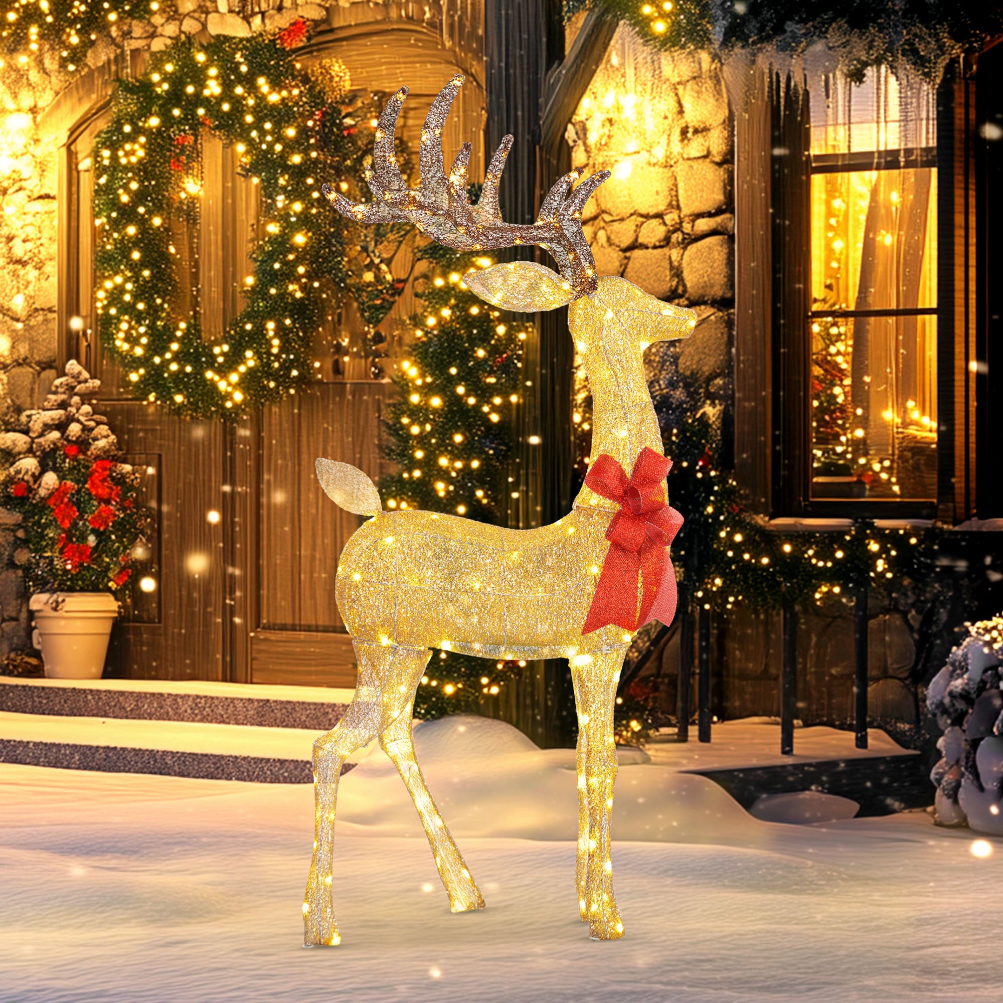 Light Up Reindeer Yard Decoration - 53" Gold LED Deer-Home Furnishings > Holiday & Seasonal > Christmas Decorations > Christmas Deer Lights-DECOROLALA