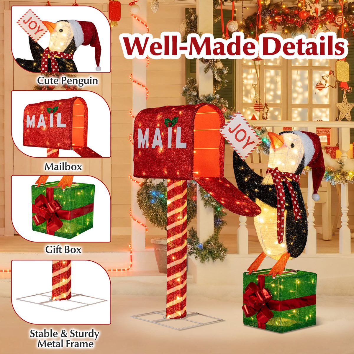 Lighted Christmas Decoration Mailbox and Penguin 3D Pre-Lit Xmas Holiday Decoration-Christmas Decorations & Accessories-DECOROLALA