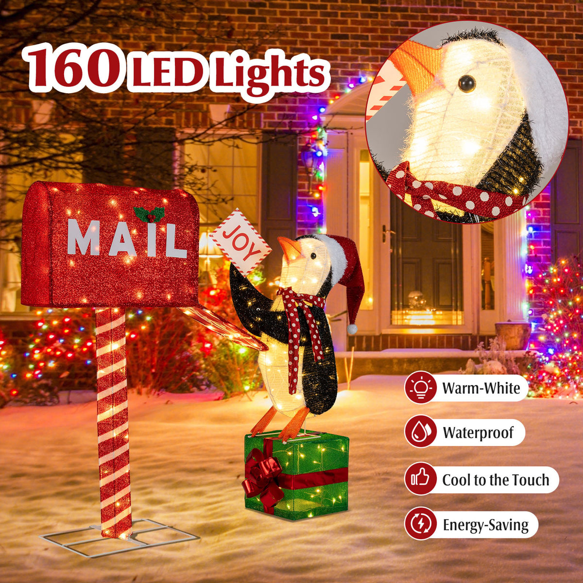 Lighted Christmas Decoration Mailbox and Penguin 3D Pre-Lit Xmas Holiday Decoration-Christmas Decorations & Accessories-DECOROLALA