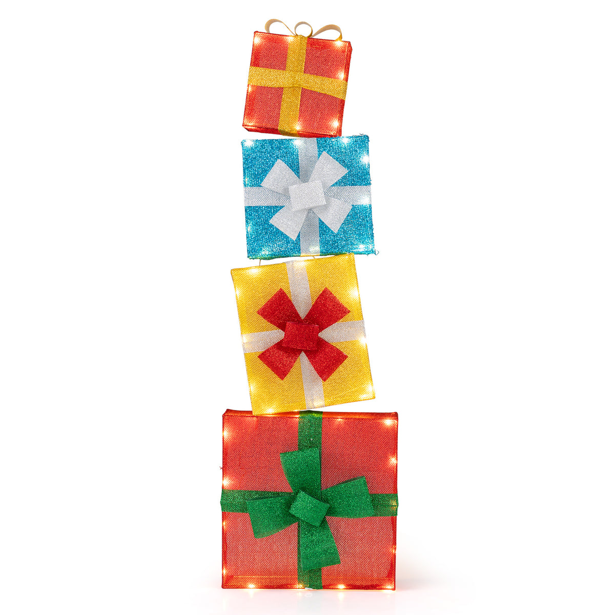Lighted Gift Boxes Christmas Decoration 2D Set of 4 Pre-Lit Stacked Xmas Gift Boxes-Christmas Decorations & Accessories-DECOROLALA
