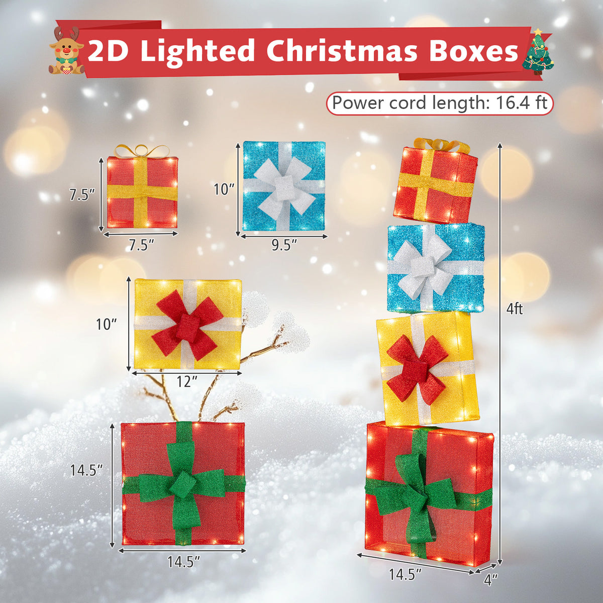 Lighted Gift Boxes Christmas Decoration 2D Set of 4 Pre-Lit Stacked Xmas Gift Boxes-Christmas Decorations & Accessories-DECOROLALA