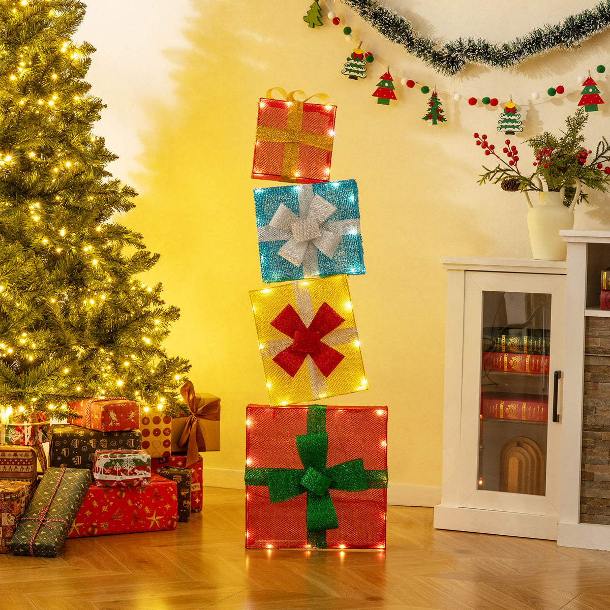 Lighted Gift Boxes Christmas Decoration 2D Set of 4 Pre-Lit Stacked Xmas Gift Boxes-Christmas Decorations & Accessories-DECOROLALA