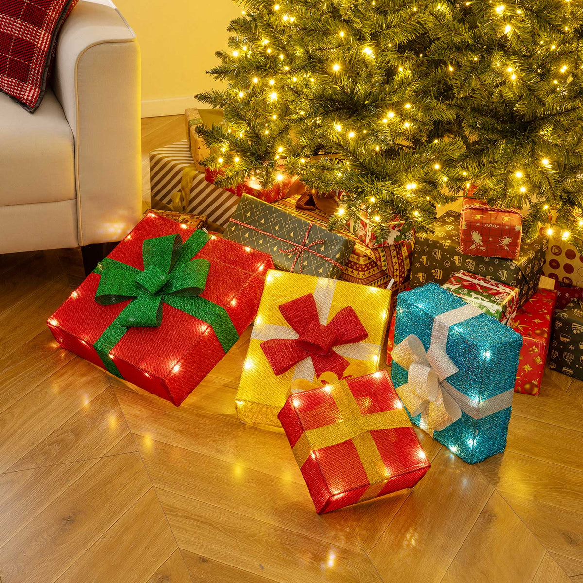 Lighted Gift Boxes Christmas Decoration 2D Set of 4 Pre-Lit Stacked Xmas Gift Boxes-Christmas Decorations & Accessories-DECOROLALA