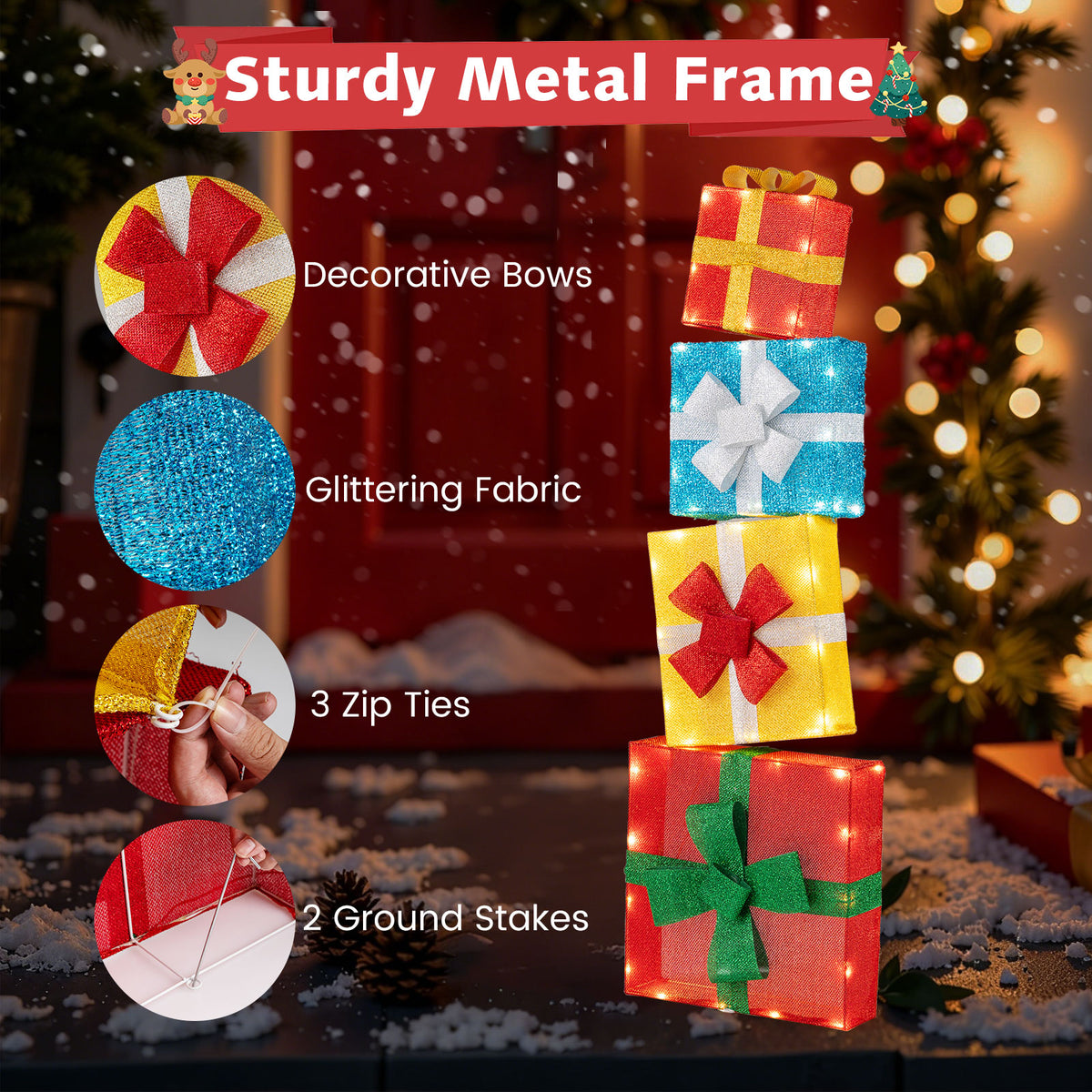 Lighted Gift Boxes Christmas Decoration 2D Set of 4 Pre-Lit Stacked Xmas Gift Boxes-Christmas Decorations & Accessories-DECOROLALA