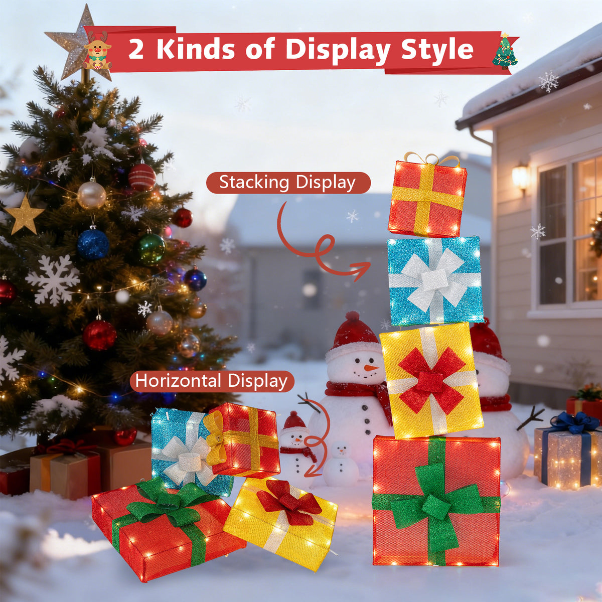 Lighted Gift Boxes Christmas Decoration 2D Set of 4 Pre-Lit Stacked Xmas Gift Boxes-Christmas Decorations & Accessories-DECOROLALA