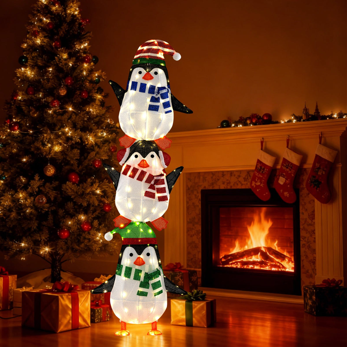 Lighted Penguins Decoration with Warm White Lights and Cute Hats-Christmas Decorations & Accessories-DECOROLALA