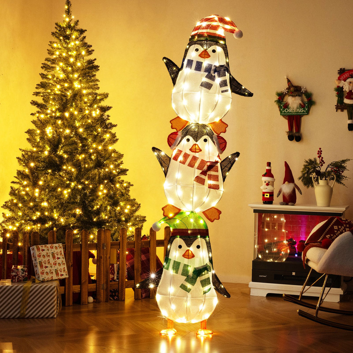 Lighted Penguins Decoration with Warm White Lights and Cute Hats-Christmas Decorations & Accessories-DECOROLALA