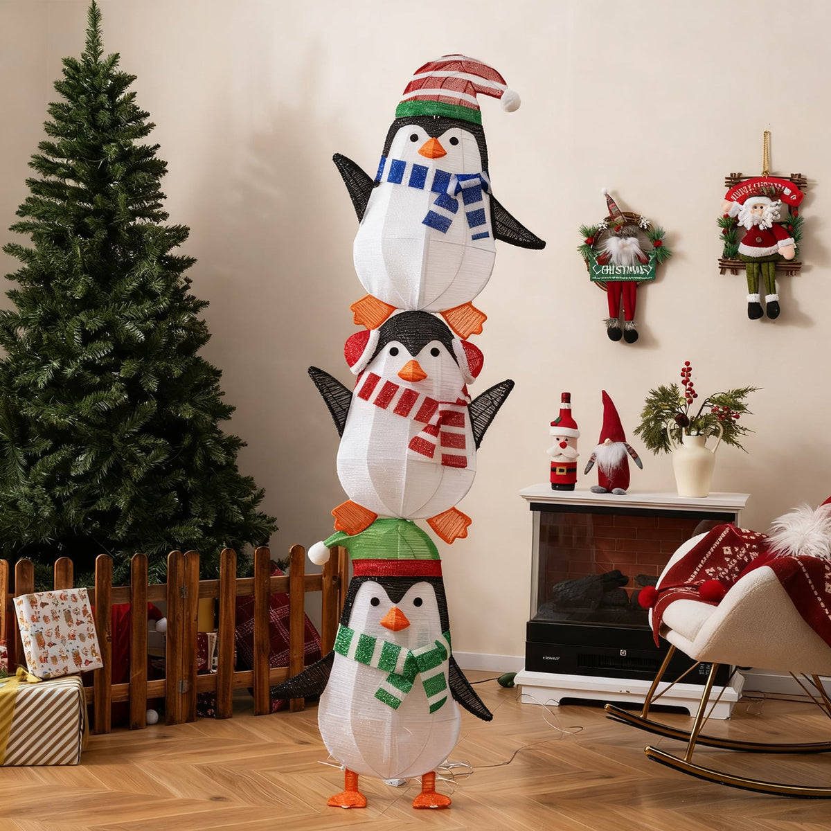 Lighted Penguins Decoration with Warm White Lights and Cute Hats-Christmas Decorations & Accessories-DECOROLALA