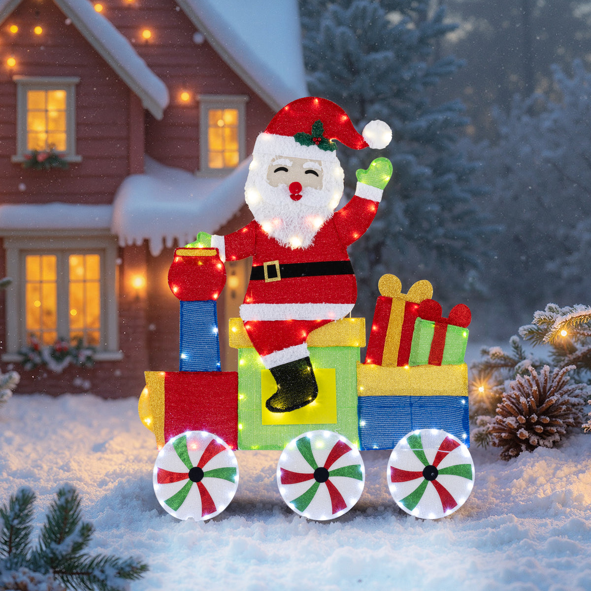 Lighted Santa on Train Christmas Decoration with LED Lights-Christmas Decorations & Accessories-DECOROLALA