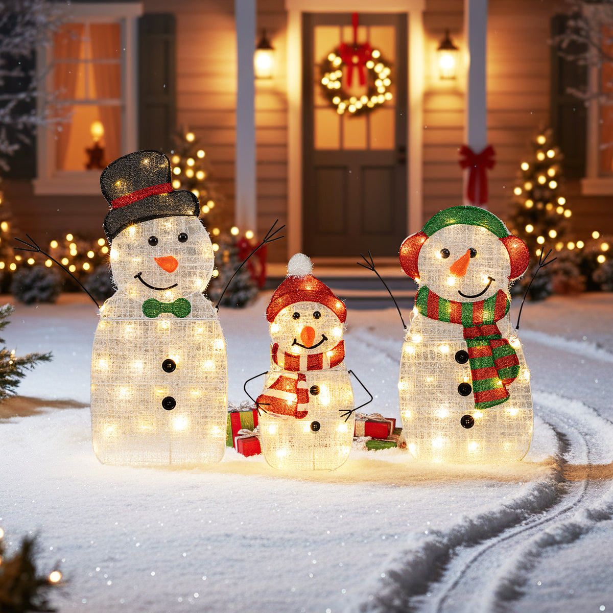Lighted Snowman Family Christmas Decoration 3-Piece Pre-Lit 2D Snowman Set-Christmas Decorations & Accessories-DECOROLALA