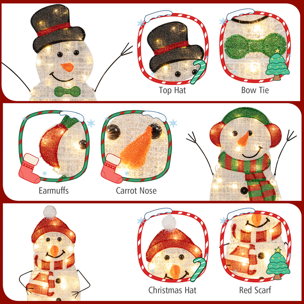 Lighted Snowman Family Christmas Decoration 3-Piece Pre-Lit 2D Snowman Set-Christmas Decorations & Accessories-DECOROLALA
