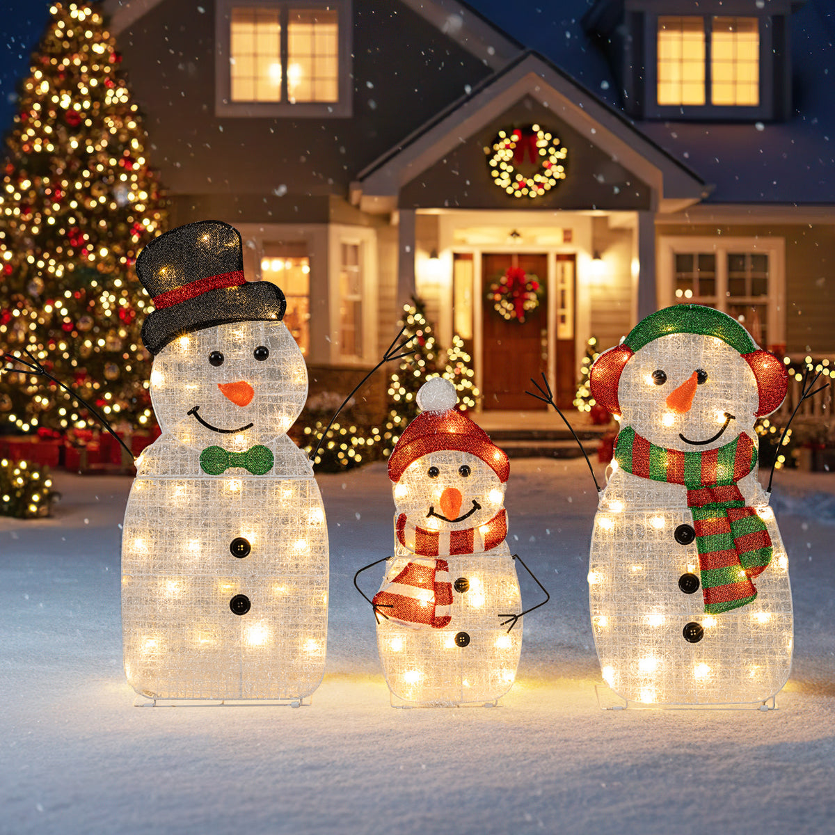 Lighted Snowman Family Christmas Decoration 3-Piece Pre-Lit 2D Snowman Set-Christmas Decorations & Accessories-DECOROLALA