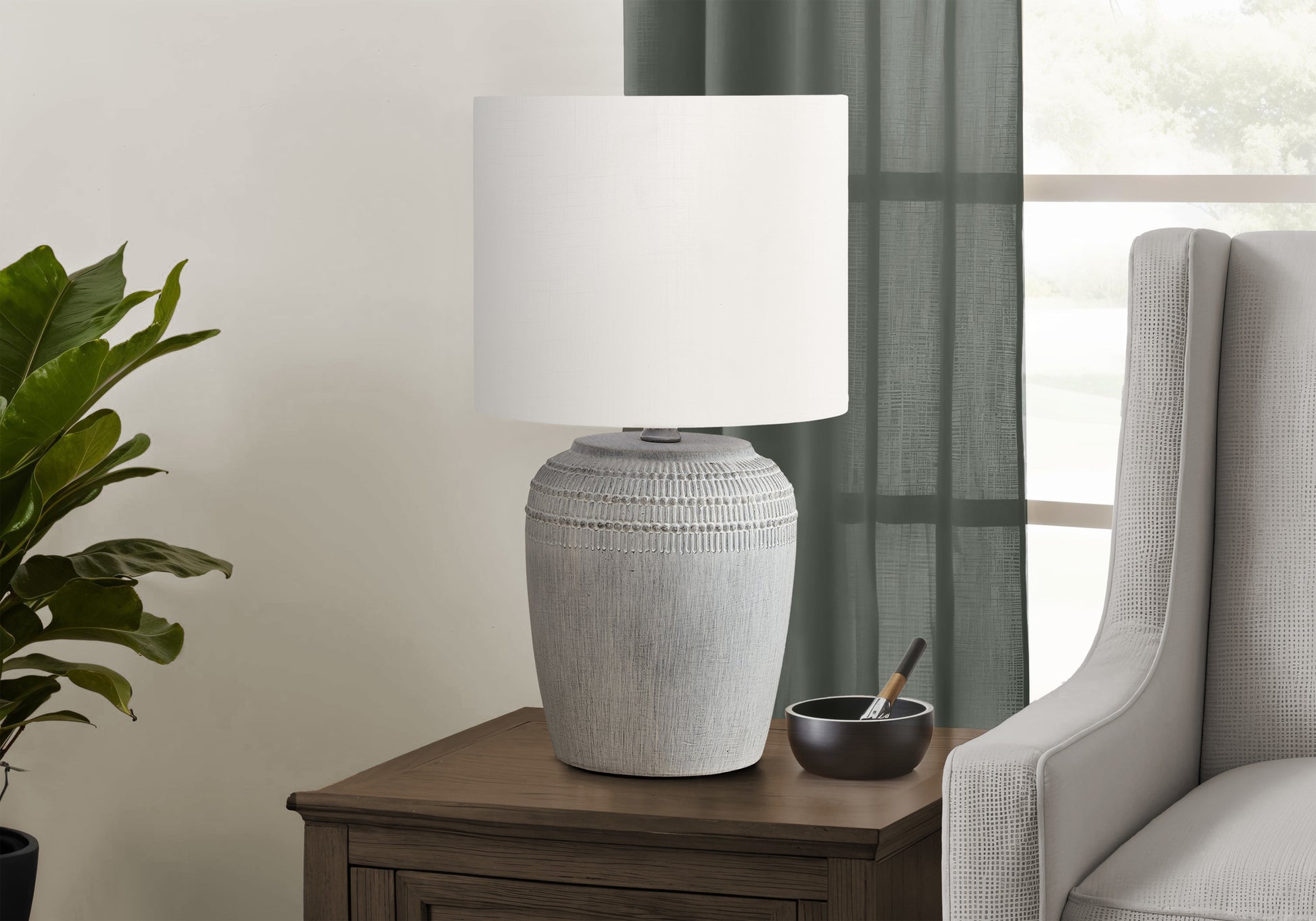 Lighting - 17"H Table Lamp Beige Ceramic / Ivory Shade-Table-DECOROLALA