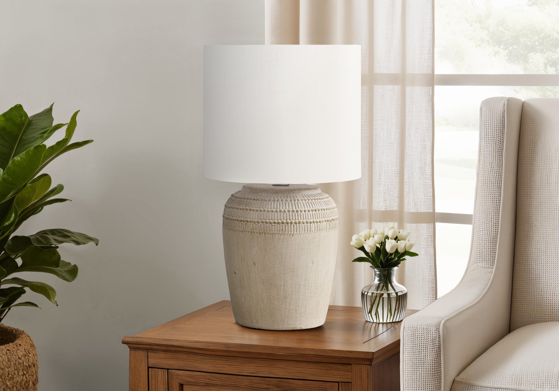Lighting - 17"H Table Lamp Beige Ceramic / Ivory Shade-Table-DECOROLALA