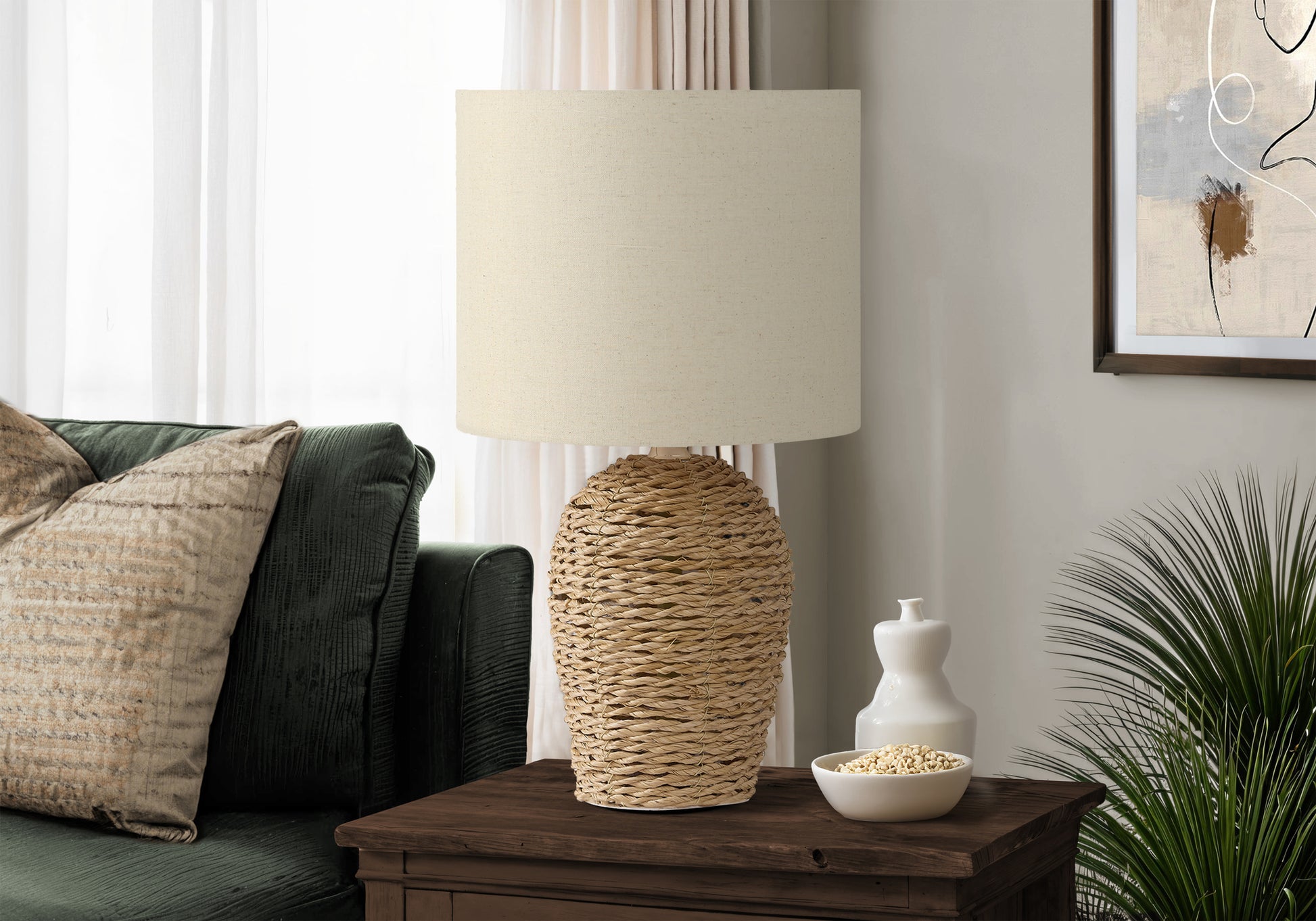 Lighting - 17"H Table Lamp Black Rattan / Beige Shade-Table-DECOROLALA