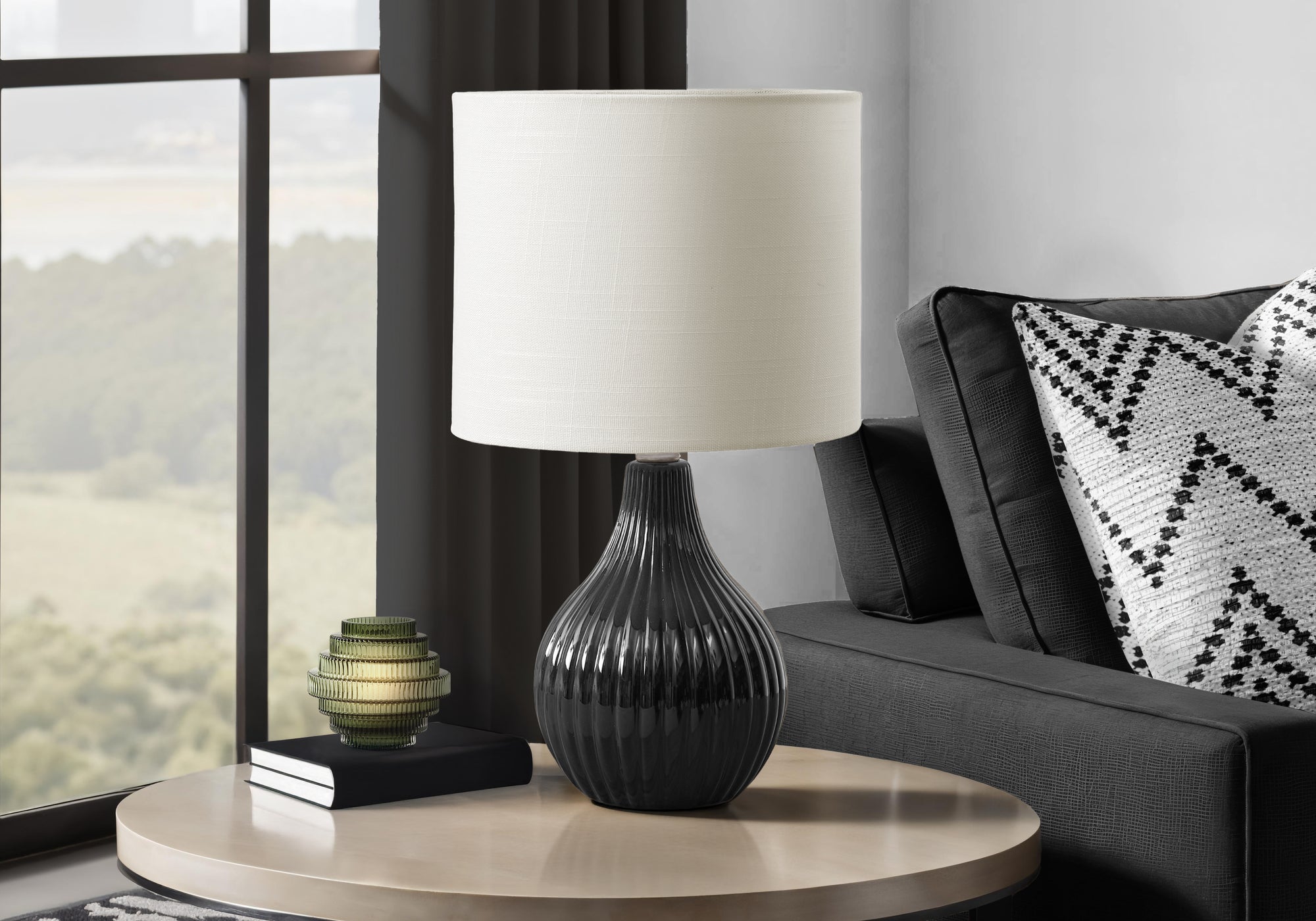 Lighting - 17"H Table Lamp Grey Ceramic / Ivory Shade-Table-DECOROLALA