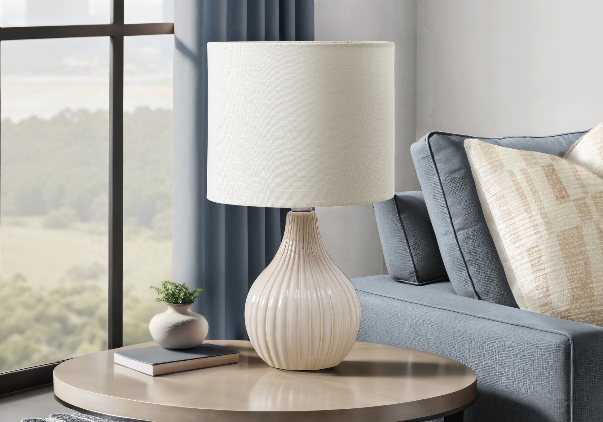 Lighting - 17"H Table Lamp Grey Ceramic / Ivory Shade-Table-DECOROLALA