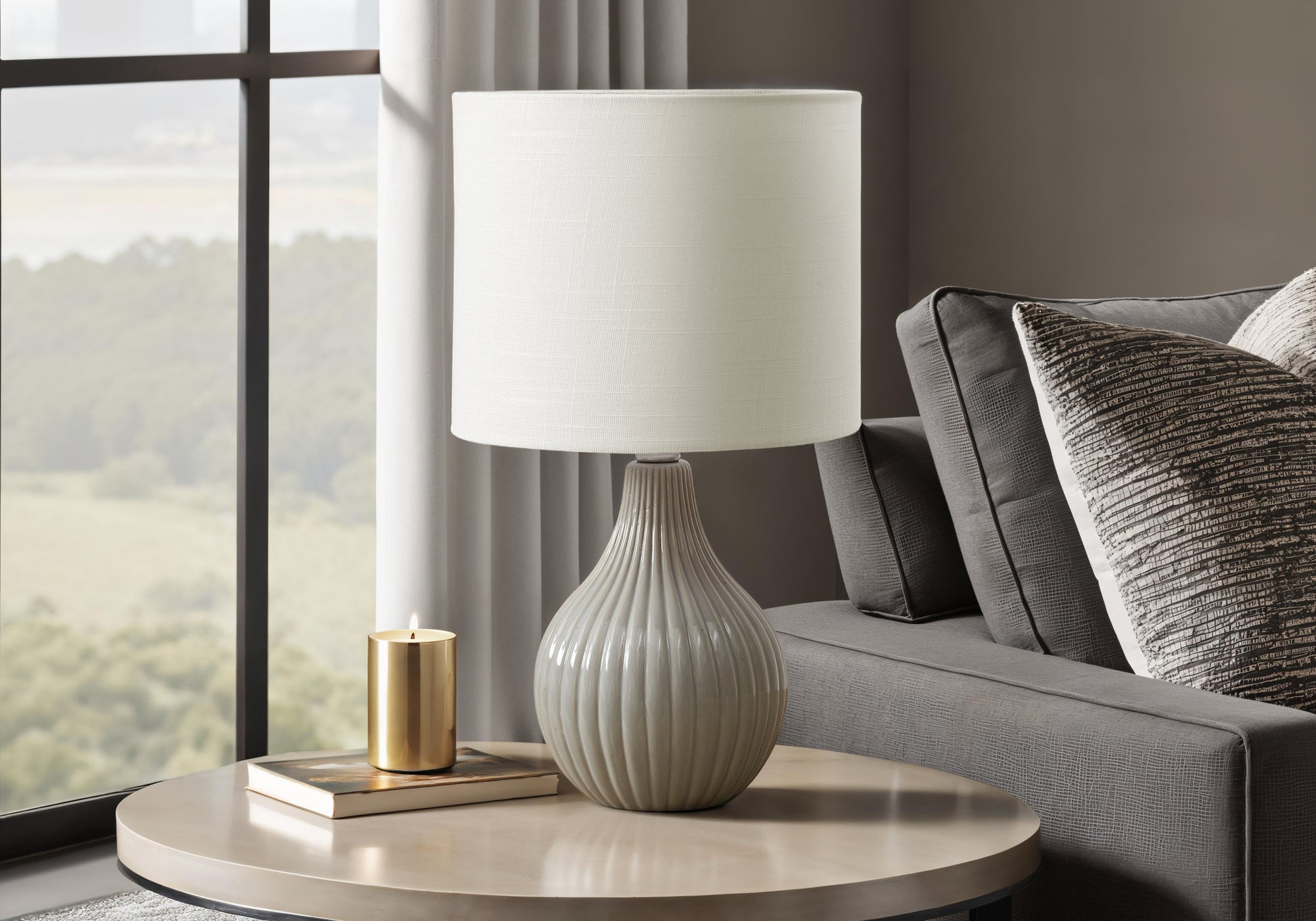 Lighting - 17"H Table Lamp Grey Ceramic / Ivory Shade-Table-DECOROLALA