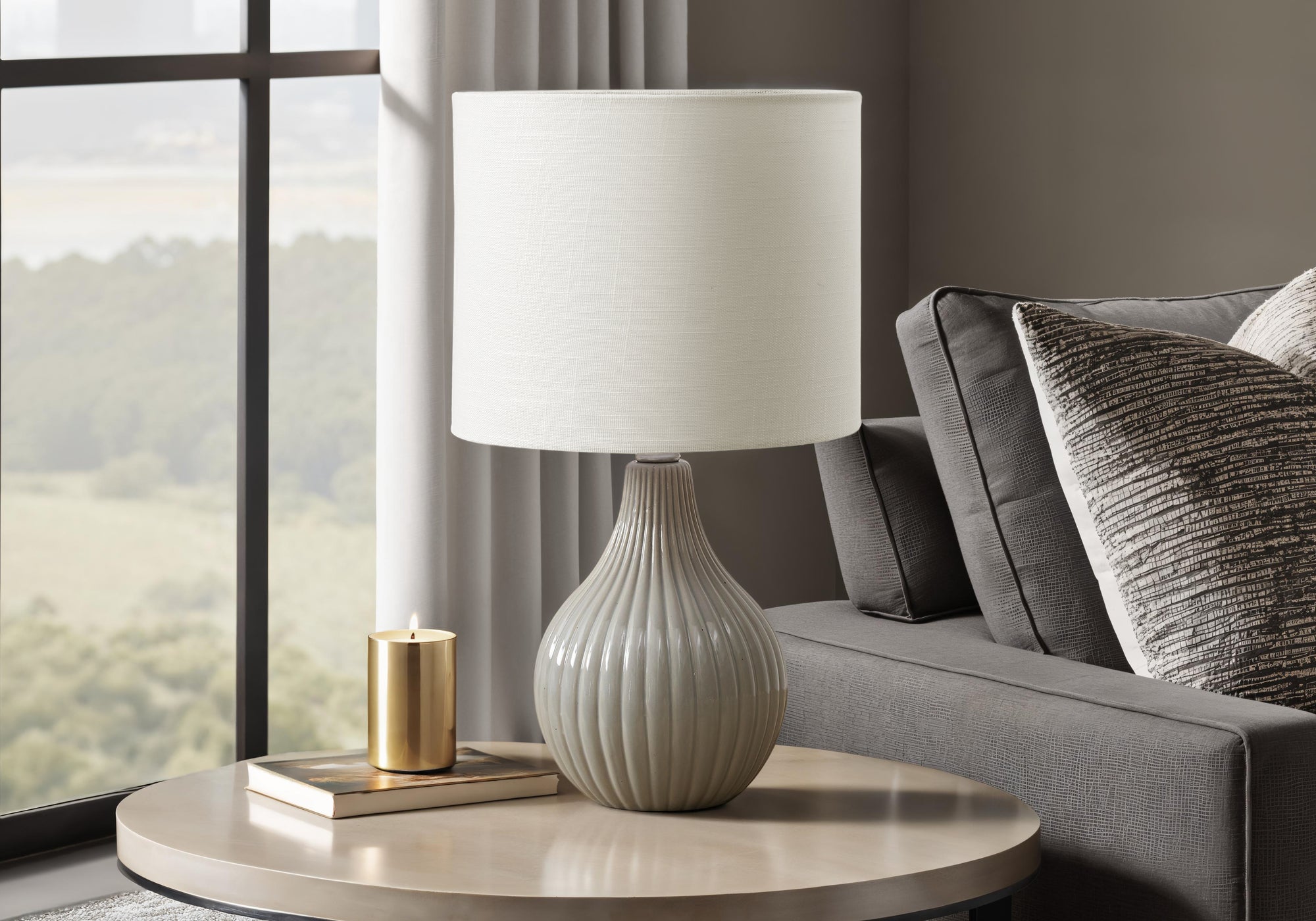 Lighting - 17"H Table Lamp Grey Ceramic / Ivory Shade-Table-DECOROLALA