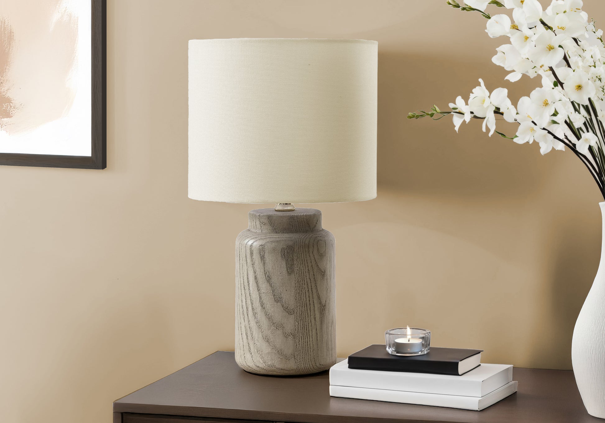 Lighting - 17"H Table Lamp Taupe Resin / Ivory Shade-Table-DECOROLALA
