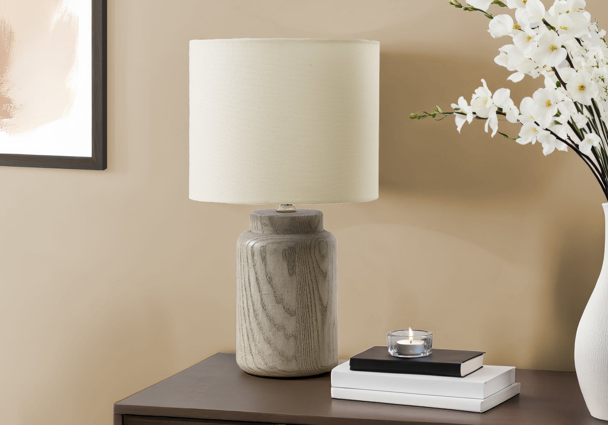 Lighting - 17"H Table Lamp Taupe Resin / Ivory Shade-Table-DECOROLALA