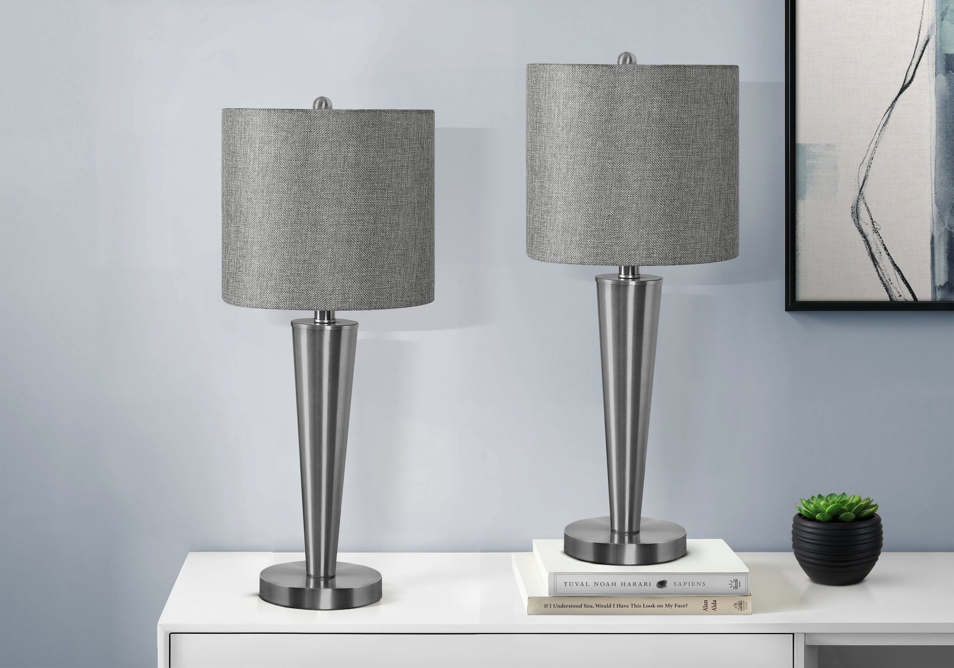 Lighting - 2pcs / 24"H Table Lamp Nickel / Grey / Usb-Table-DECOROLALA
