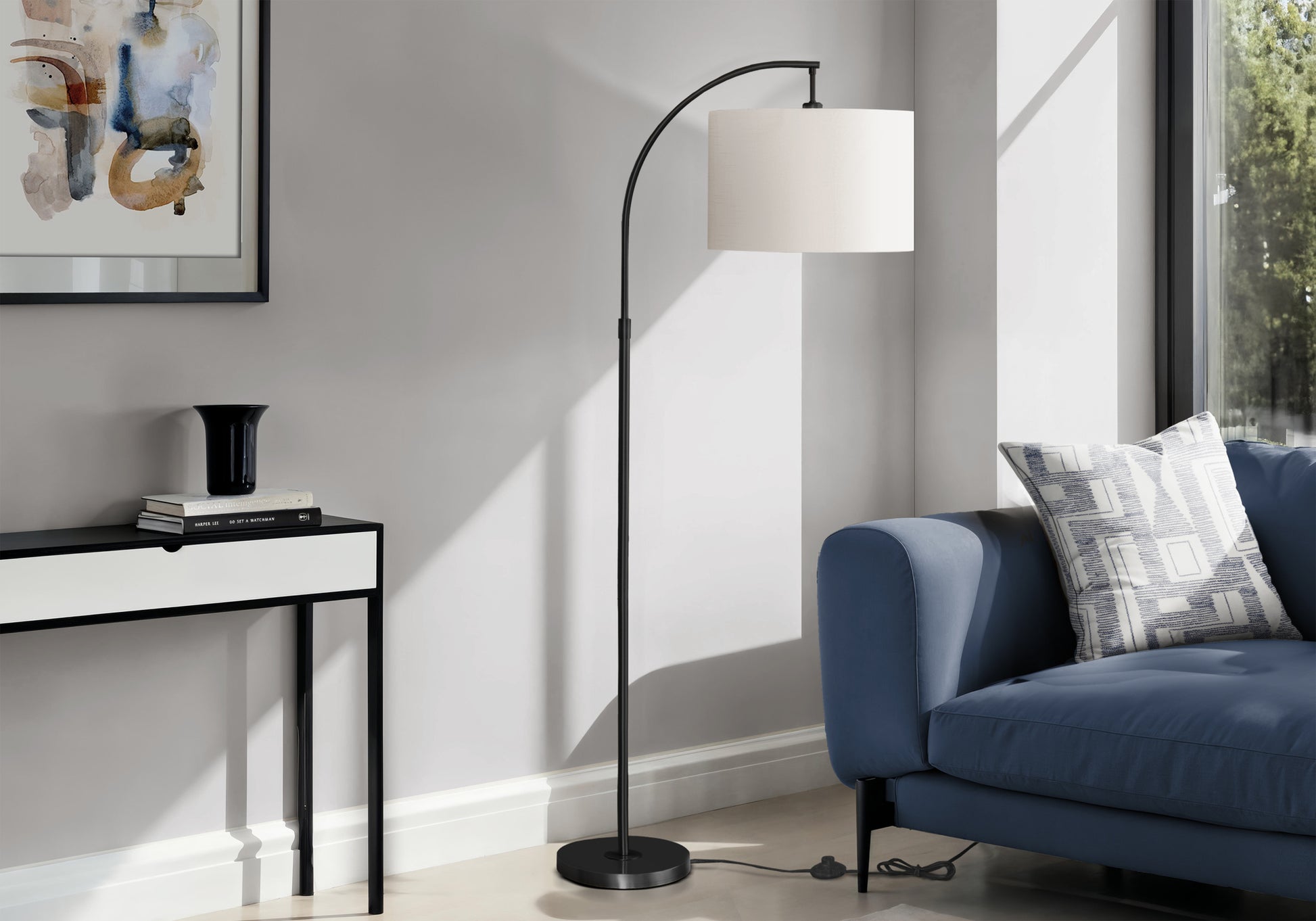 Lighting - 65"H Arc Floor Lamp Black Metal / Ivory-Floor Lamp-DECOROLALA