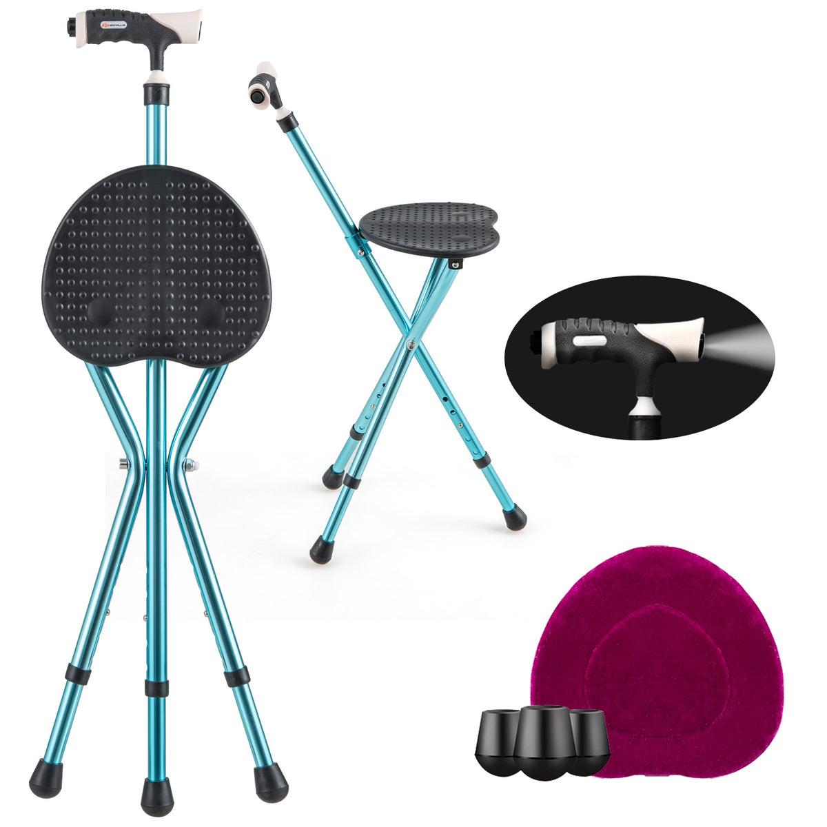 Lightweight Adjustable Folding Cane Seat with Light-Black-Walkers & Rollators-DECOROLALA
