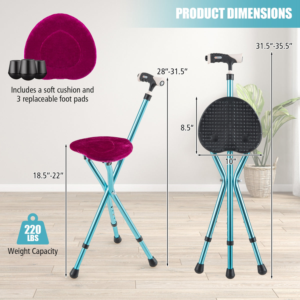 Lightweight Adjustable Folding Cane Seat with Light-Black-Walkers & Rollators-DECOROLALA