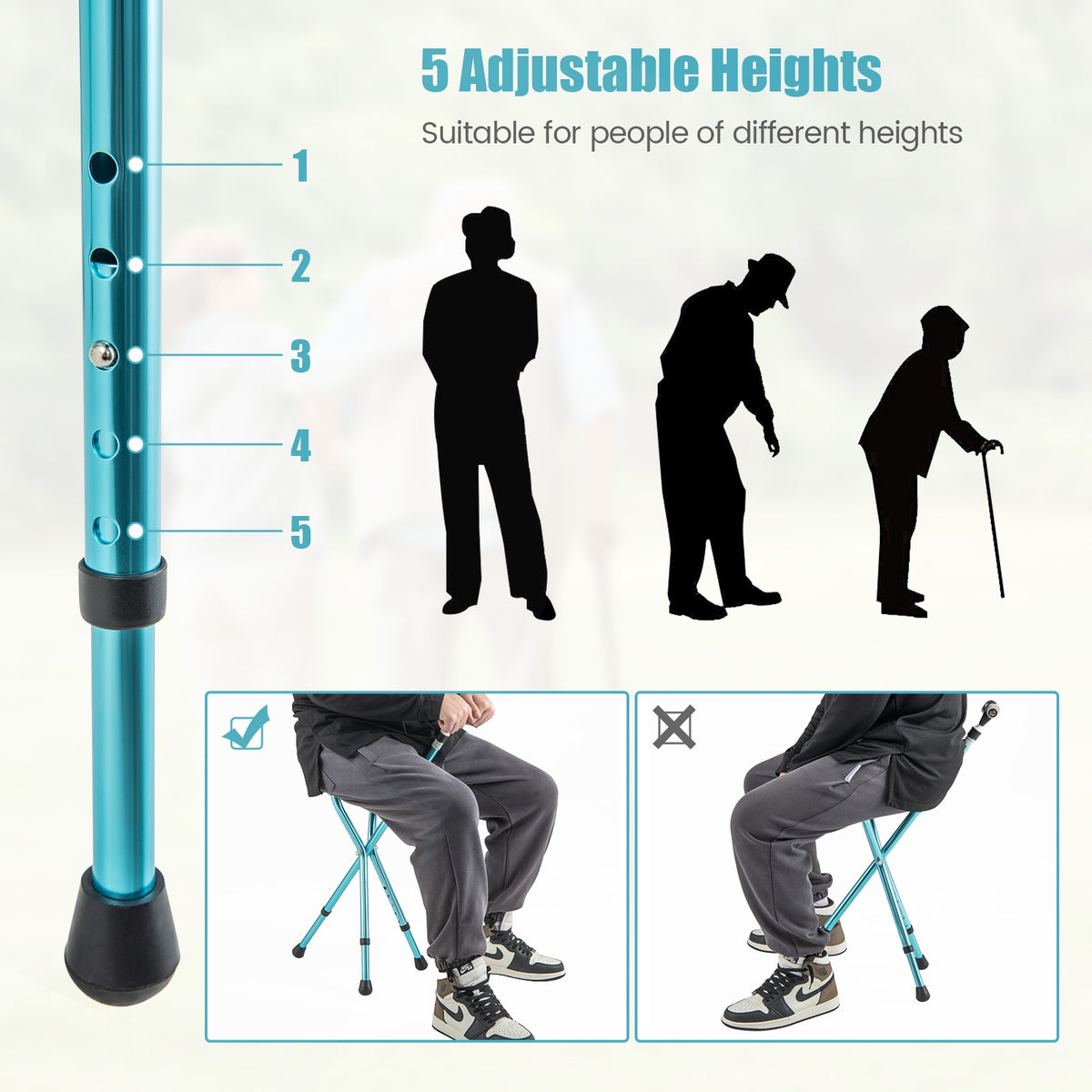 Lightweight Adjustable Folding Cane Seat with Light-Black-Walkers & Rollators-DECOROLALA