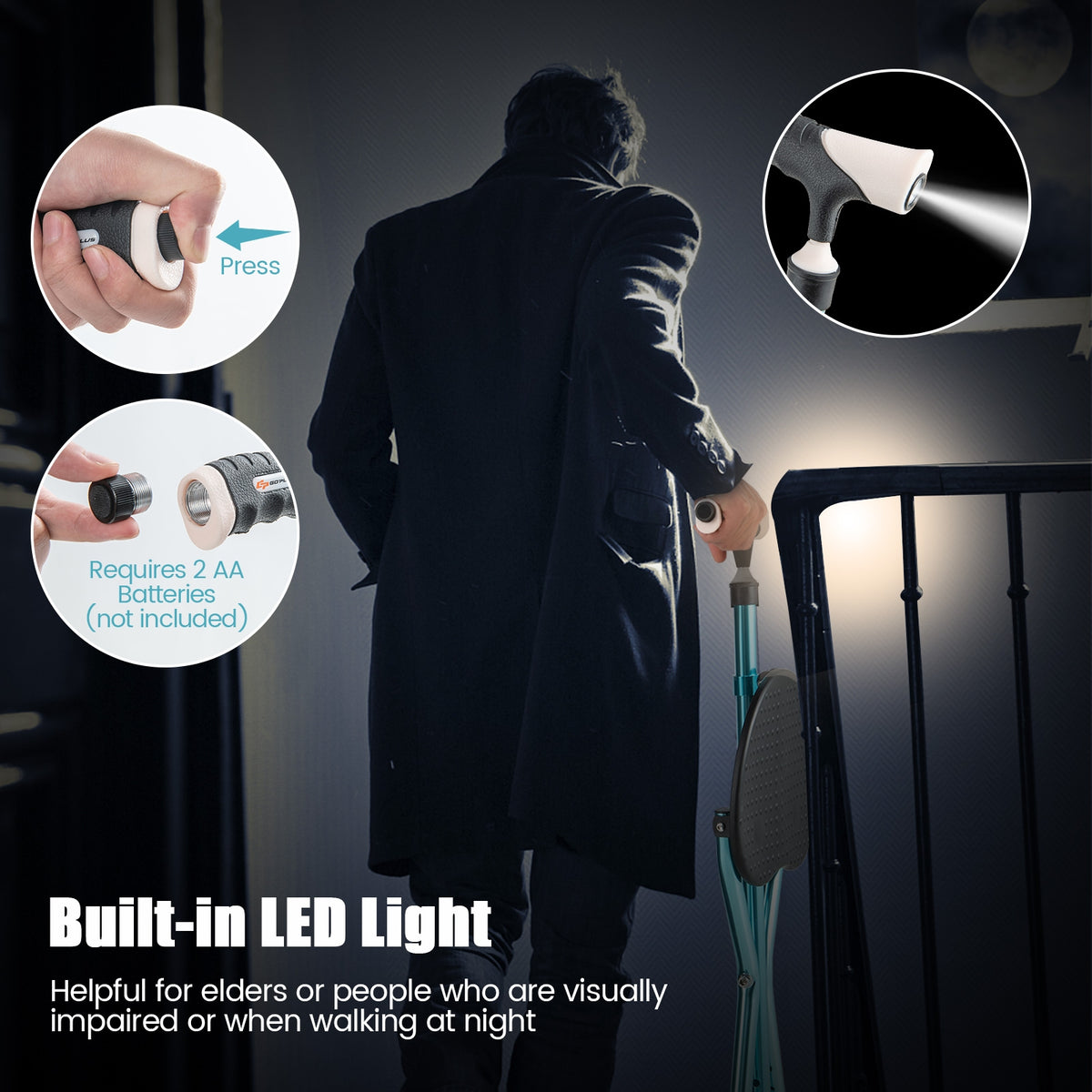 Lightweight Adjustable Folding Cane Seat with Light-Black-Walkers & Rollators-DECOROLALA