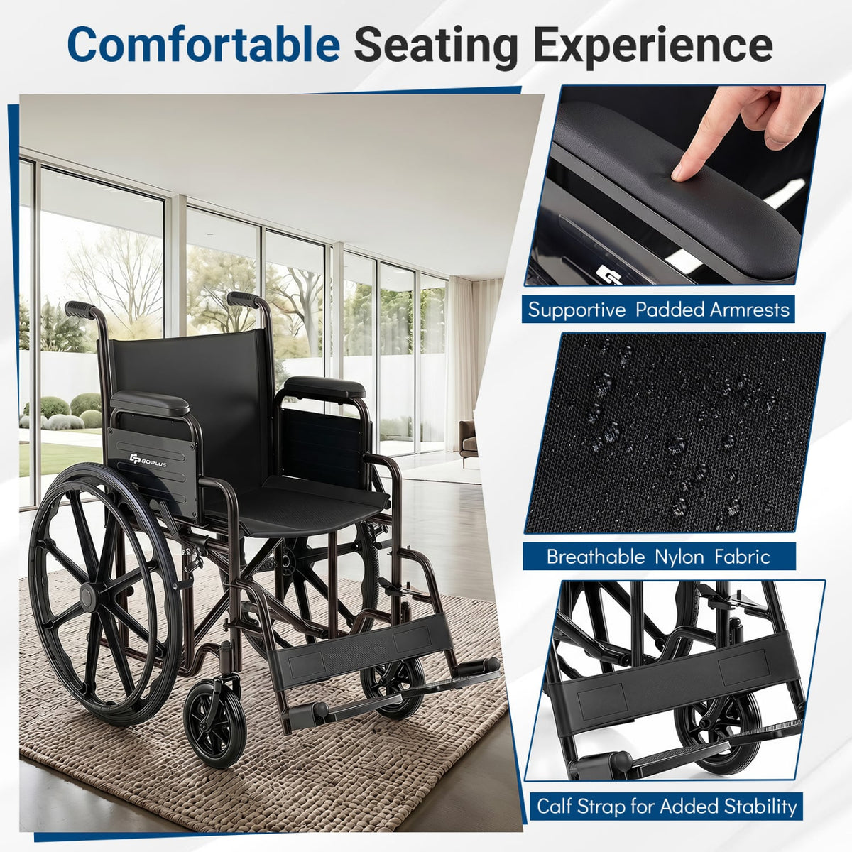 Lightweight Folding Wheelchair for Adults with Swing-Away Footrest and Desk Arm-Black-Walkers & Rollators-DECOROLALA