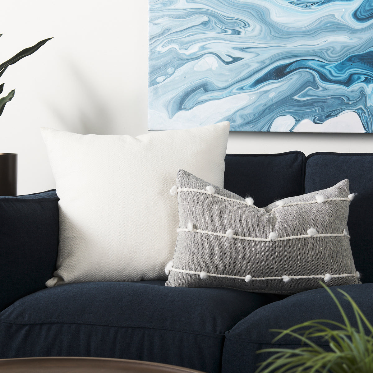 Linda 13x21 Navy And Cream With White Detail Pillow Cover-Decorative Pillows-DECOROLALA