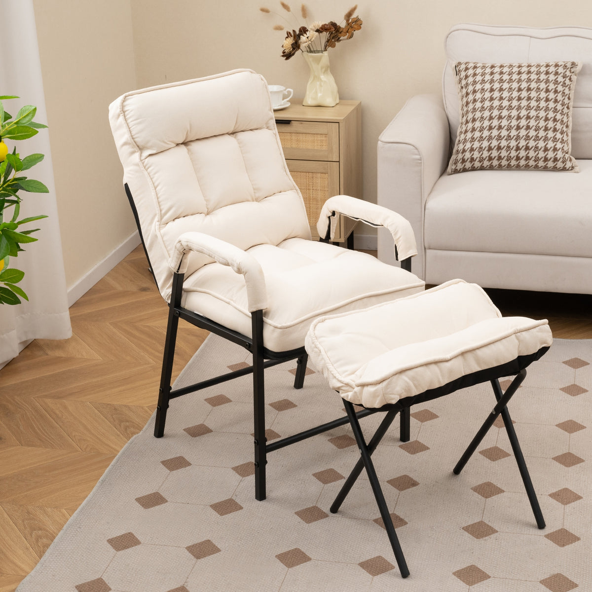 Linen Fabric Modern Accent Chair with Ottoman and Adjustable Backrest-Beige-Recliners-DECOROLALA