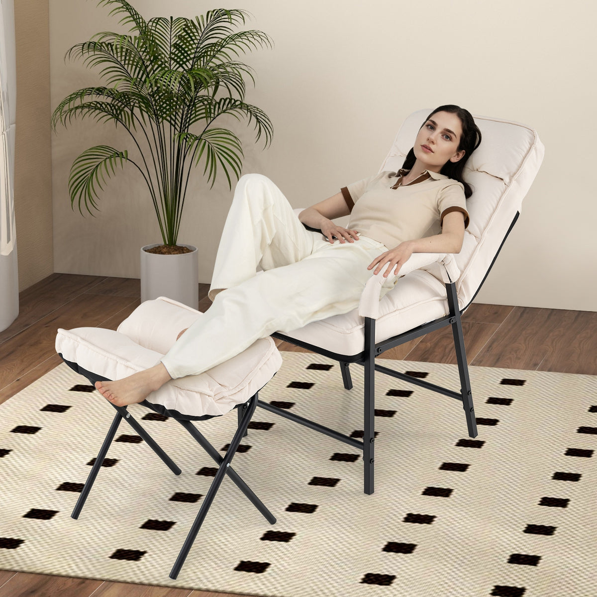 Linen Fabric Modern Accent Chair with Ottoman and Adjustable Backrest-Beige-Recliners-DECOROLALA