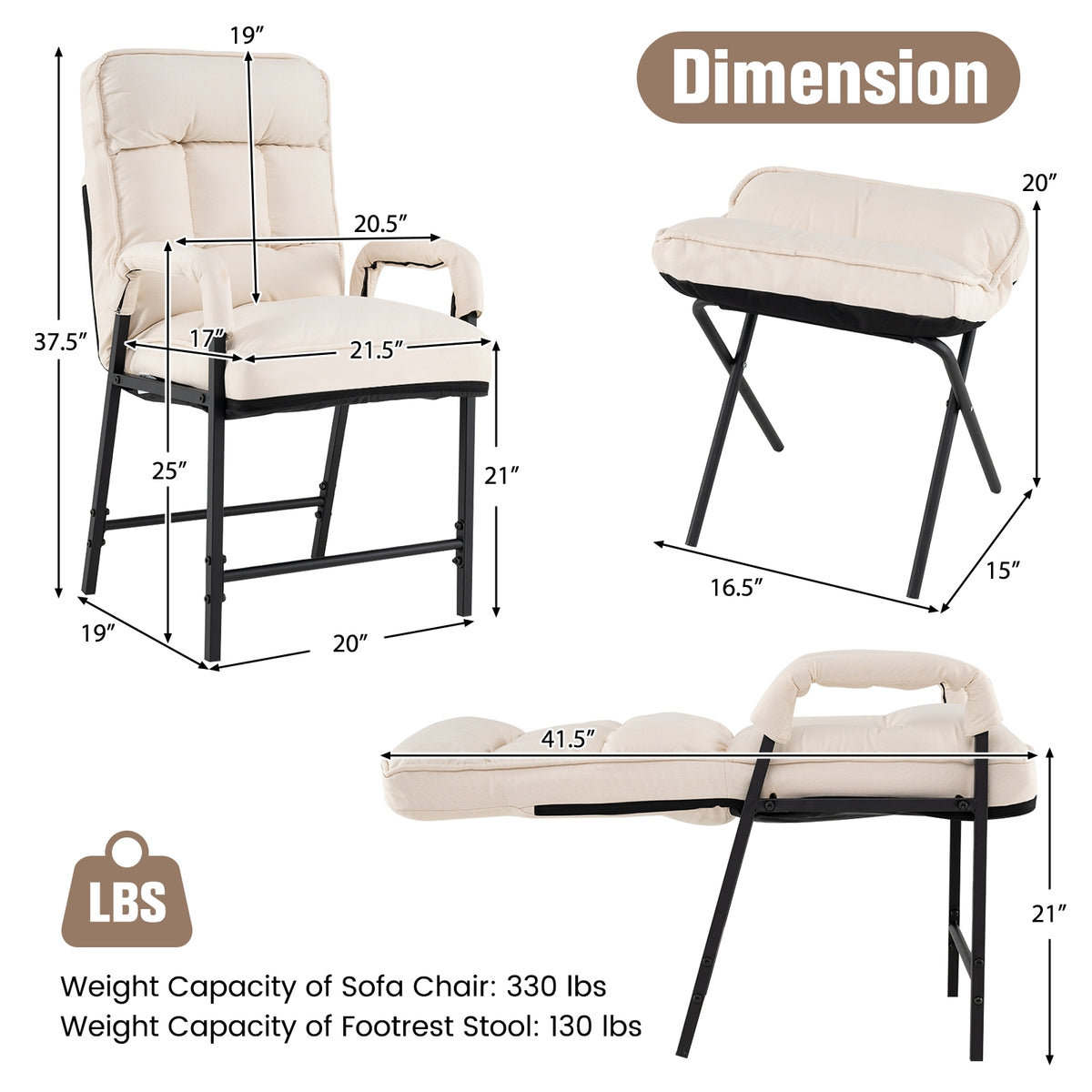 Linen Fabric Modern Accent Chair with Ottoman and Adjustable Backrest-Beige-Recliners-DECOROLALA