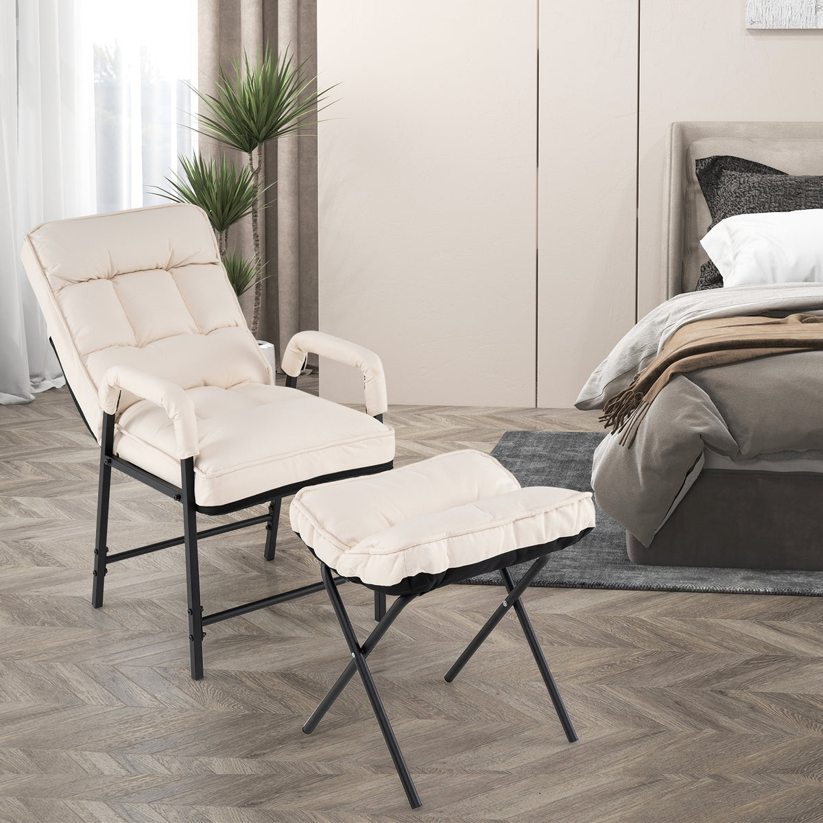 Linen Fabric Modern Accent Chair with Ottoman and Adjustable Backrest-Beige-Recliners-DECOROLALA
