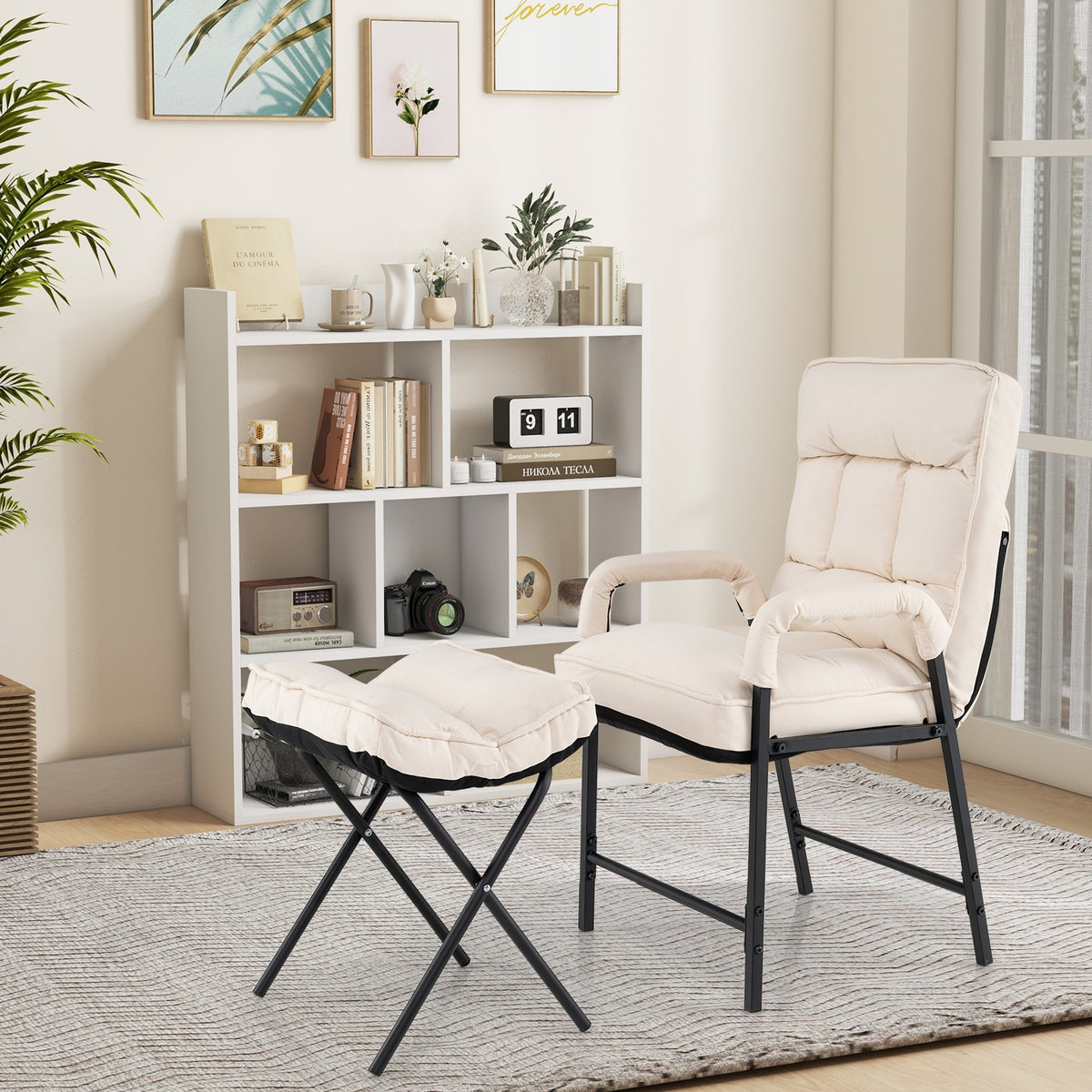 Linen Fabric Modern Accent Chair with Ottoman and Adjustable Backrest-Beige-Recliners-DECOROLALA