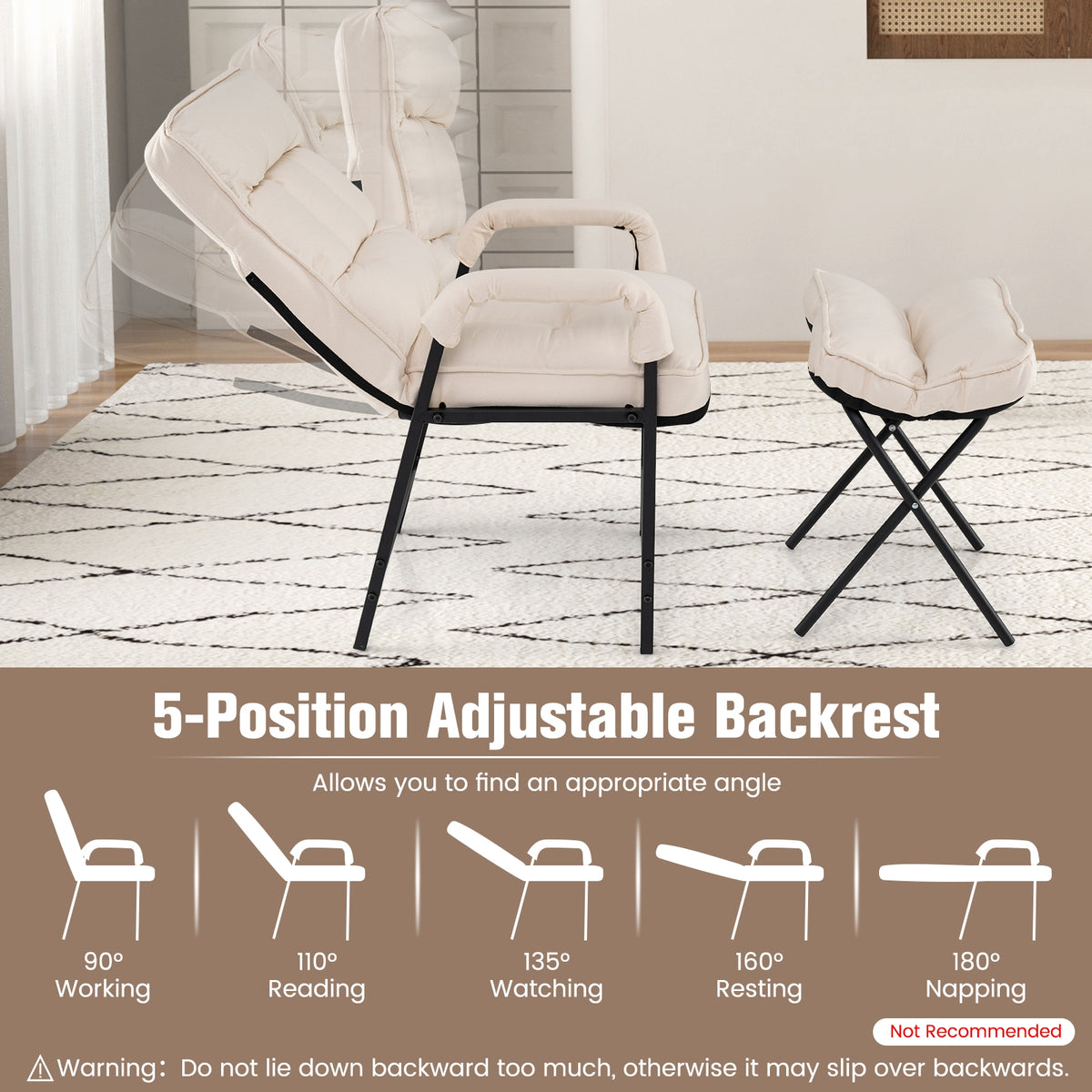 Linen Fabric Modern Accent Chair with Ottoman and Adjustable Backrest-Beige-Recliners-DECOROLALA