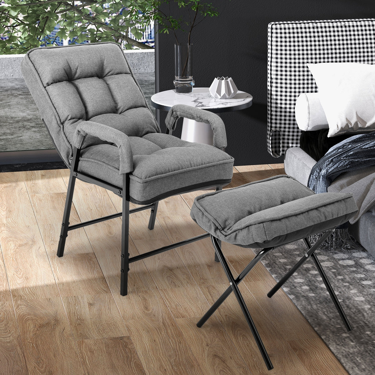 Linen Fabric Modern Accent Chair with Ottoman and Adjustable Backrest-Gray-Recliners-DECOROLALA