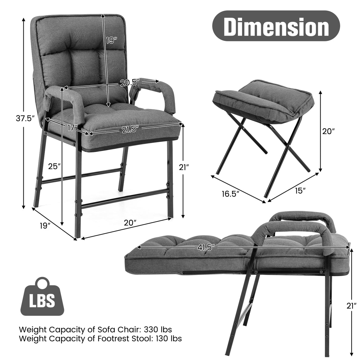 Linen Fabric Modern Accent Chair with Ottoman and Adjustable Backrest-Gray-Recliners-DECOROLALA